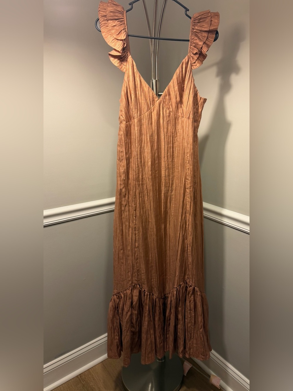 Storia Copper Ruffle Strap Maxi Dress
